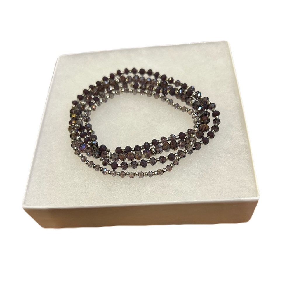 4 Elegant Purple Crystal and Silver Beaded Bracelets